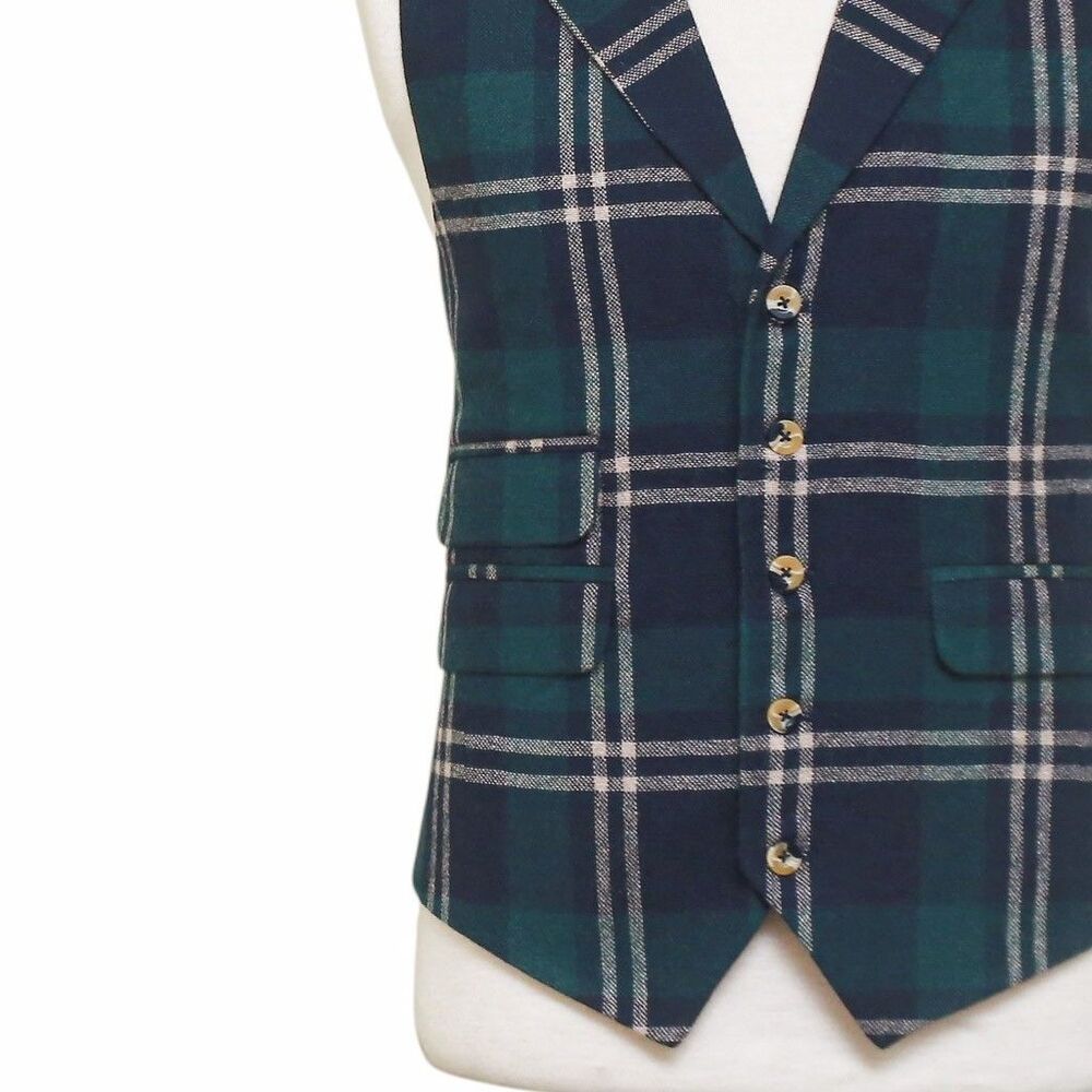 Mens Plaid Vest 44R Blue Green Beige Wool Waistcoat XL Western Casual Wedding - Picture 7 of 9
